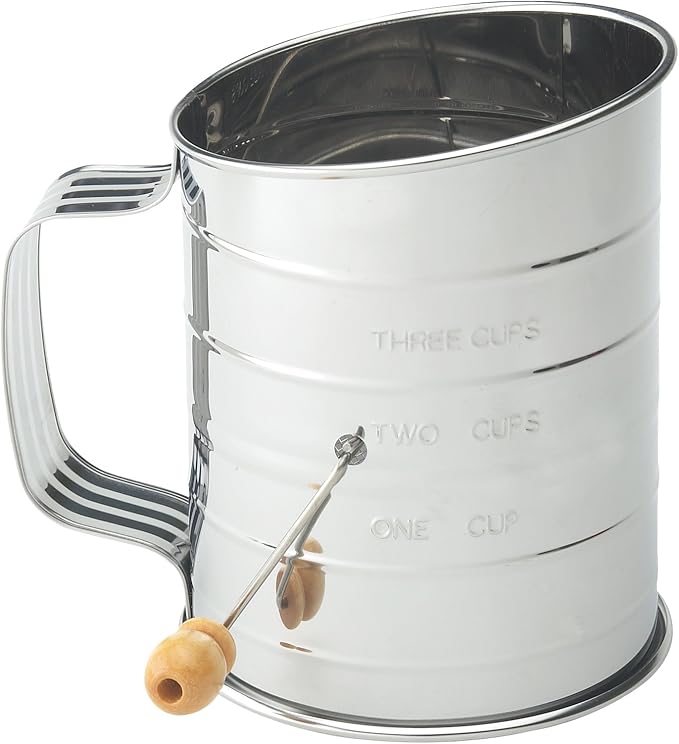 Mrs. Anderson's Baking Hand Crank Flour Sifter, Stainless Steel, 3-Cup Capacity, For Breaking Up Clumps And Aerating Flour And Powdered Sugar