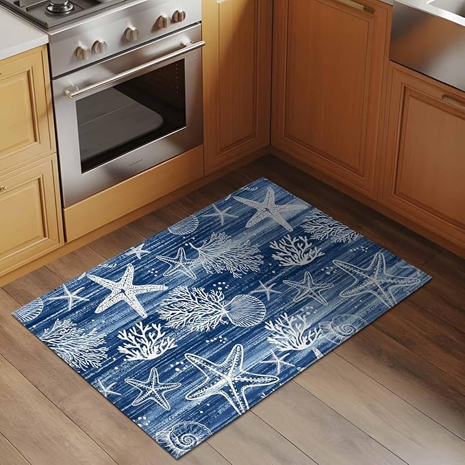 Navy Blue Coastal 2x3 Door Mat Rug, Ocean Coral Starfish Non-Skid Rubber Backing Large Rectangle Rugs - Living Room Bedroom Home Office, Summer Beach Indoor Floor Mat Carpets Washable Rug