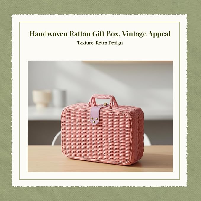 Woven Suitcase Imitation Rattan Storage Basket Gift Box Rustic Picnic Suitcase Handwoven Storage Case for Travelling Bathroom, Pink L