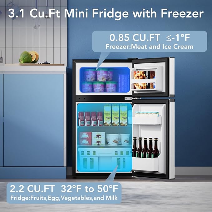 Electactic 3.1 Cu.Ft Mini Fridge with Freezer, 2 Door Compact Refrigerator, Mini Fridge with Adjustable Removable Glass Shelves for Bedroom, Office, Dorm or Apartment, Stainless Steel