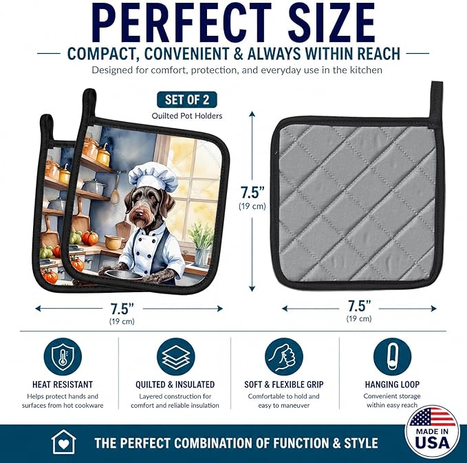 Caroline's Treasures German Wirehaired Pointer The Chef Pair of Pot Holders Kitchen Heat Resistant Pot Holders Sets Oven Hot Pads for Cooking Baking BBQ, 7 1/2 x 7 1/2