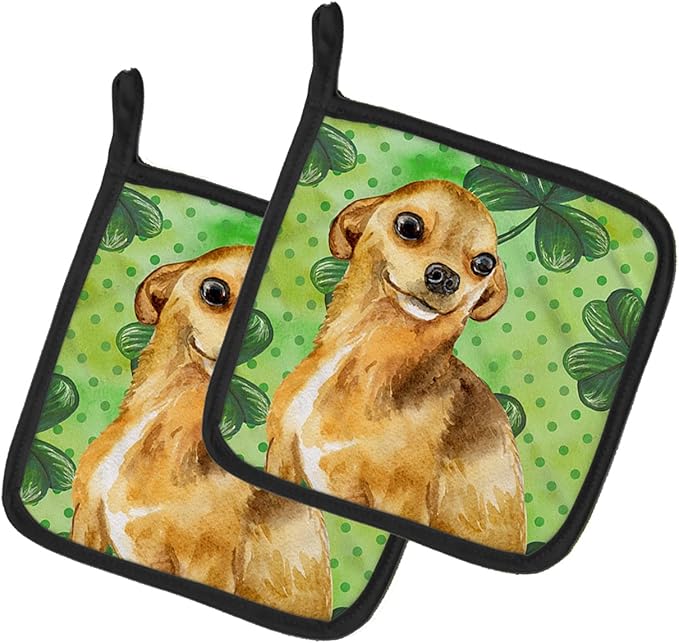 Caroline's Treasures BB9832PTHD Chihuahua St Patrick's Pair of Pot Holders, Green Kitchen Heat Resistant Pot Holders Sets Oven Hot Pads for Cooking Baking BBQ, 7 1/2 x 7 1/2