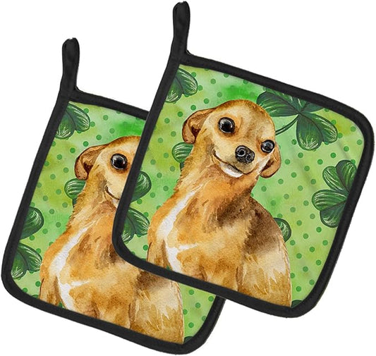 Caroline's Treasures BB9832PTHD Chihuahua St Patrick's Pair of Pot Holders, Green Kitchen Heat Resistant Pot Holders Sets Oven Hot Pads for Cooking Baking BBQ, 7 1/2 x 7 1/2