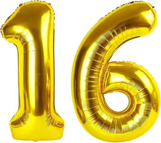 Gold Number 16 Balloon, Number Balloons for Boys Girls, 40 Inch 61 Balloons for Birthday, Anniversaries, Big Events, School Class Party
