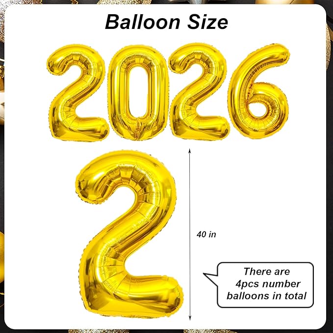 Gold 2026 Balloons - 40 inch Number Balloon - Graduation Balloons for Class of 2026 Decorations - Congrats Grad Balloons for Graduation Decorations 2026 - Grad Party Decor Supplies