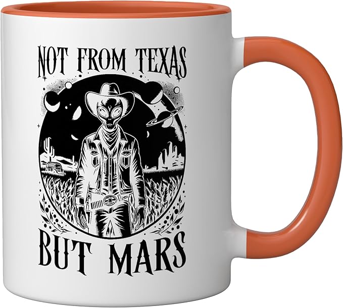 Alien Lover Flying Saucer UFO Extraterrestrial Cowboy Ceramic Mug, Orange/White