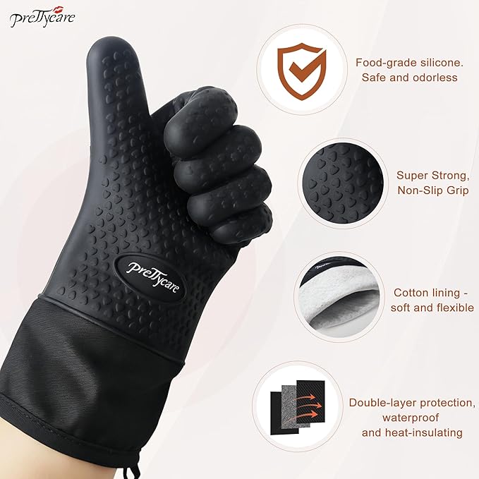 PrettyCare Extra Long 14in Silicone Oven Mitts, Waterproof & Non-Slip Oven Gloves with Fingers,Cotton Lined Silicone Oven Gloves Kitchen Mitts-Heat Resistant for Baking Cooking BBQ（Black
