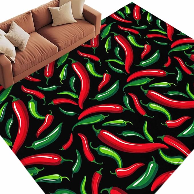 Area Rug 6x9ft, Spicy Chili Pepper Pattern Washable Rugs for Living Room Bedroom, Red Green Peppers on Black Soft Non-Slip Area Rugs Rectangle Floor Carpet for Dining Room