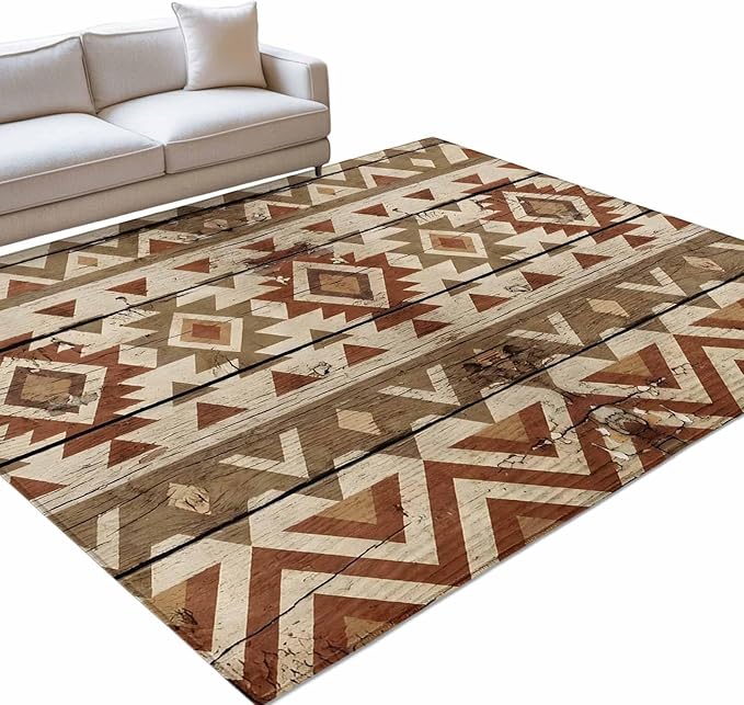 Area Rug 4x6ft, Rustic Aztec Style Pattern Washable Rugs for Living Room Bedroom, Southwestern Geometric Art Soft Non-Slip Area Rugs Rectangle Floor Carpet for Dining Room