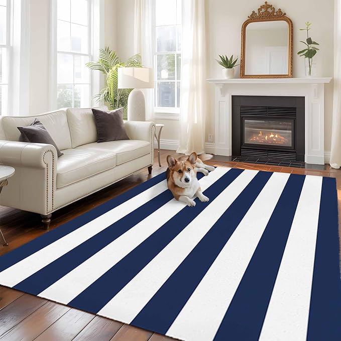 Area Rug 6x9ft, Nautical Black and White Stripes Washable Rugs for Living Room Bedroom, Striped Soft Non-Slip Area Rugs Rectangle Floor Carpet for Dining Room