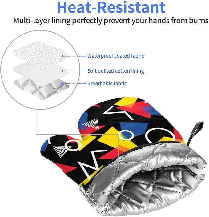 Colorful Geometric Pattern Oven Mitts of 2-Pack Set, Fashion Kitchen Gloves Heat Resistant Non-Slip Kitchen Mitts for Safe Cooking Baking Grilling