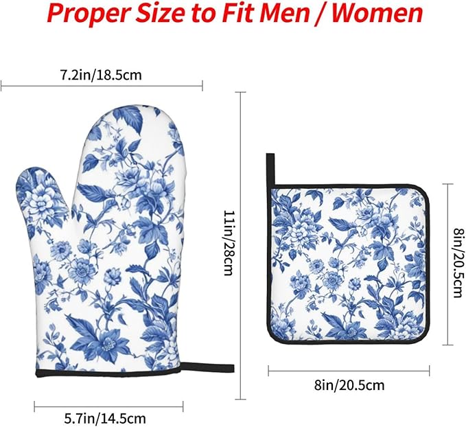 4 Pcs Blue and White Flower Oven Mitts and Potholders,Kitchen Oven Glove with Pot Holders,Non-Slip Gloves High Heat Resistant 500 Degree for BBQ, Grill, Baking, Cooking, Oven, Microwave