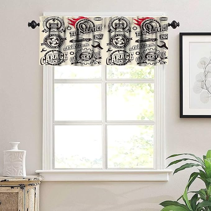 Retro Man Valances Curtains Car Repair Shop Logos Monochrome Car Silhouettes Best Garage, Windows Short Curtain Valance for Kitchen Bedroom Bathroom Decor with Rod Pocket, One Panel 54X18 Inches