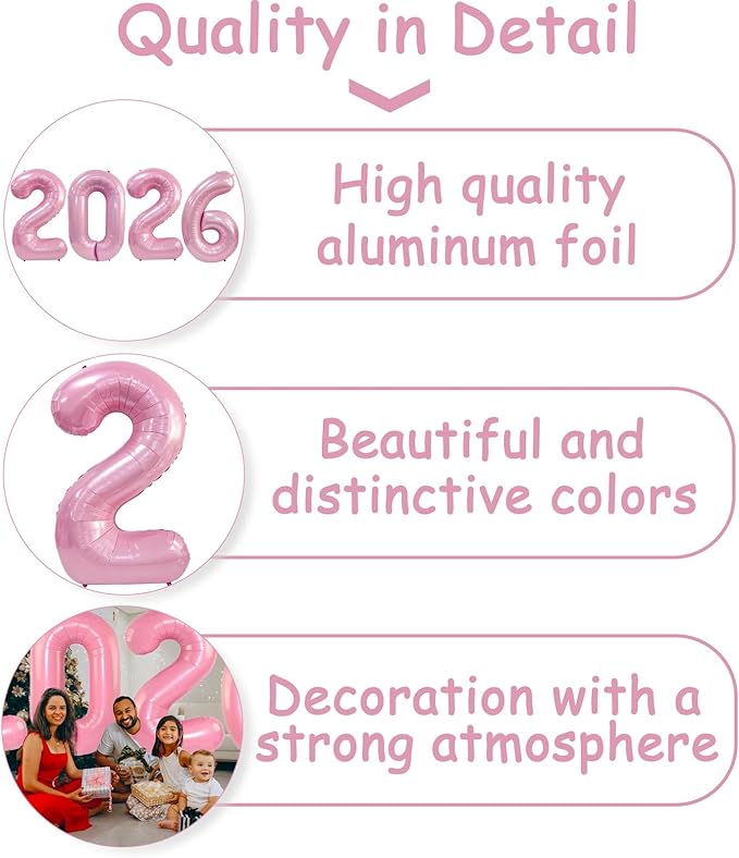 2026 Pink Foil Number Balloons for 2026 New Year Eve Festival Party Supplies Graduation Decorations
