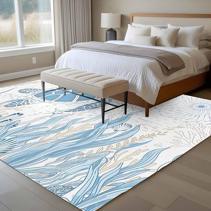 Area Rug 6x9ft, Blue Sea Turtles Stars Corals Washable Rugs for Living Room Bedroom, Vintage Marine Life Soft Non-Slip Area Rugs Rectangle Floor Carpet for Dining Room