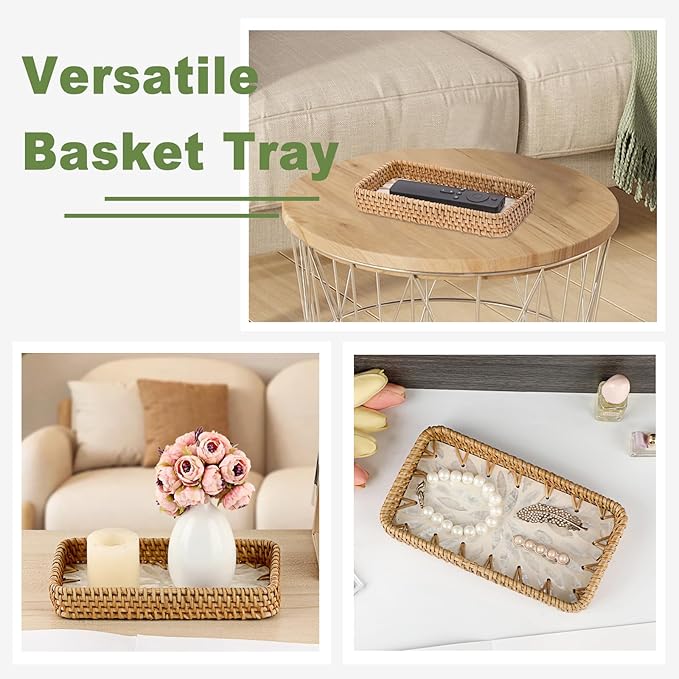 Decorative Key Basket for Entryway Small Handwoven Rattan Tray Rectangular Key Holder Tray Wicker Basket Organizer for Keys Remote Control Jewelry, White