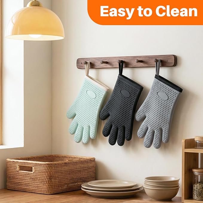 2Pack Heat Resistant Oven Mitts & Silicone Gloves with Fingers, Non-Slip Grip Food Grade Safety Mitts, Waterproof Kitchen Gloves for Cooking(Green)