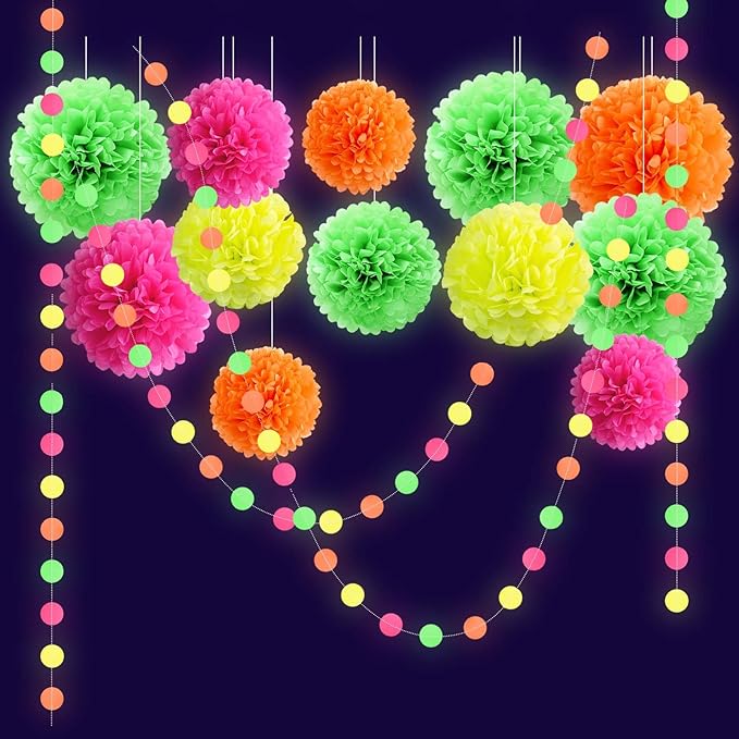 NICROLANDEE Blacklight Party Decorations - 15 PCS Fluorescent Neon Tissue Paper Pom Poms & Paper Garlands for Birthday, Wedding, Baby Shower, Glow-in-The-Dark Party, Neon Prom Dance Party Photography