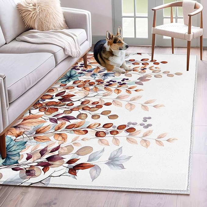 Area Rug 4x6ft, Fall Orange Watercolor Eucalyptus Leaves Washable Rugs for Living Room Bedroom, Fallen Leaf on White Soft Non-Slip Area Rugs Rectangle Floor Carpet for Dining Room