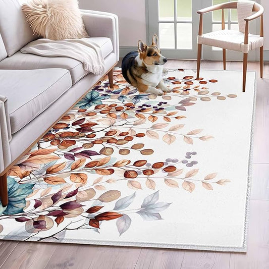 Area Rug 4x6ft, Fall Orange Watercolor Eucalyptus Leaves Washable Rugs for Living Room Bedroom, Fallen Leaf on White Soft Non-Slip Area Rugs Rectangle Floor Carpet for Dining Room