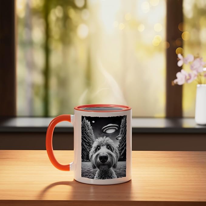 Funny Golden Doodle Selfie UFO Encounters for Dog Lovers Ceramic Mug, Orange/White