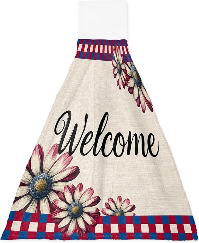 Alandar Home Kitchen Tie Towel Set of 1, Watercolor Daisy Red Blue Plaid Absorbent Soft Hand Towels for Bathroom Hanging Towels, Independence Day Flower on Flax Fast Drying Cleaning Cloth with Loop