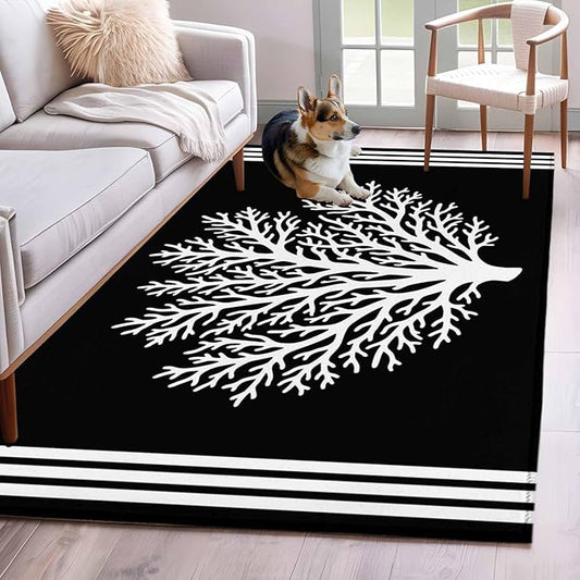 Area Rug 4x6ft, Coastal Coral Reef Texture Washable Rugs for Living Room Bedroom, Ocean Theme Black White Soft Non-Slip Area Rugs Rectangle Floor Carpet for Dining Room