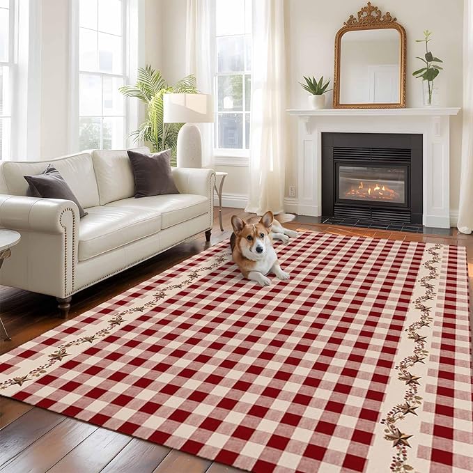Area Rug 6x9ft, Vintage Red Buffalo Plaid Berry Washable Rugs for Living Room Bedroom, Farmhouse Western Star Soft Non-Slip Area Rugs Rectangle Floor Carpet for Dining Room