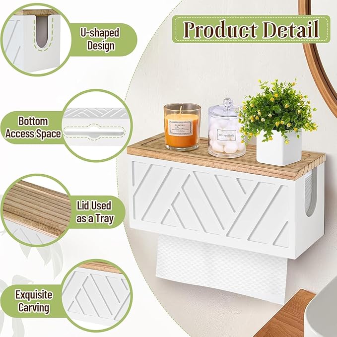 Paper Towel Dispenser Wood Without Drilling, Smooth Surface Without Burr, Weight 500 g, Ideal for Bathroom and Kitchen in Home and Commercial (White)