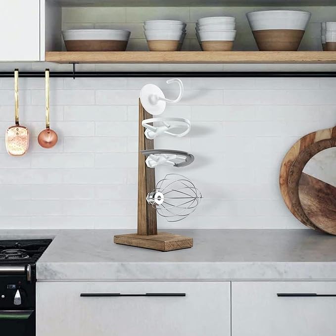 Besuerte Stand Mixer Attachment Holder, Wooden Counter Stand Holder with 4-pack Plastic Hangers Kitchen Accessories Storage Organizer Compatible with Kitchenaid Mixer Attachments for Space-saving