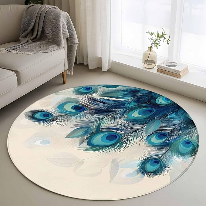 Washable Round Area Rug Abstract Animal Art Peacock Feather Circle Rugs Floor Carpet for Living Room Bedroom, Watercolor Blue Eyes Beige Soft Non Slip Round Rug 4ft