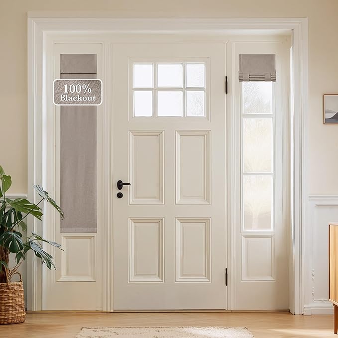 NICETOWN 100% Linen Blackout French Door Curtain for Window, Thermal Insulated Room Darkening Sidelight Window Covering for Kitchen Nursery, Tie Up Shade for Privacy, 1 Panel, 12W x 69L, Taupe