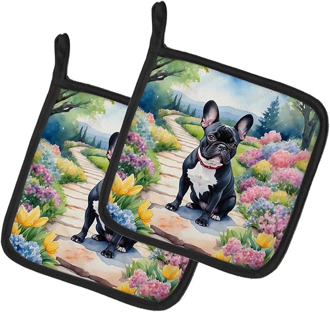 Caroline's Treasures French Bulldog Spring Path Pair of Pot Holders Kitchen Heat Resistant Pot Holders Sets Oven Hot Pads for Cooking Baking BBQ, 7 1/2 x 7 1/2