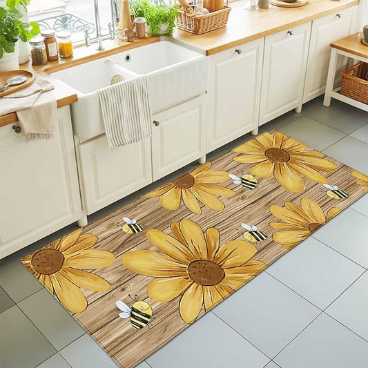 Runner Rug for Bedroom Hallway, Summer Yellow Bee Blossom Flower Kitchen Runner Rugs Area Rug 2x6ft, Retro Rustic Brown Wood Board Washable Soft Floor Carpet for Entryway Stair
