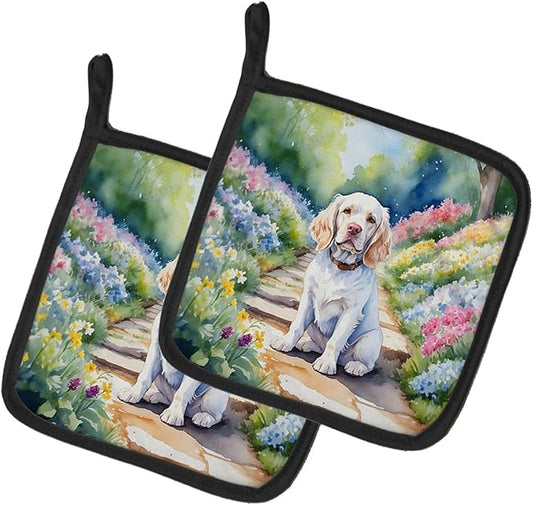 Caroline's Treasures Clumber Spaniel Spring Path Pair of Pot Holders Kitchen Heat Resistant Pot Holders Sets Oven Hot Pads for Cooking Baking BBQ, 7 1/2 x 7 1/2