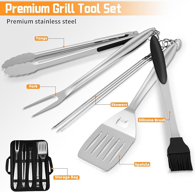 9Pcs Grill Accessories Set, Heavy Duty Stainless Steel BBQ Grill Tools Kit with Storage Bag, Grilling Gifts for Men Dad Him, Professional Barbecue Grill Utensil Set for Outdoor Backyard Camping