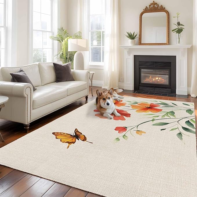 Area Rug 6x9ft, Summer Watercolor Flower Butterfly Washable Rugs for Living Room Bedroom, Green Leaves Retro Linen Soft Non-Slip Area Rugs Rectangle Floor Carpet for Dining Room