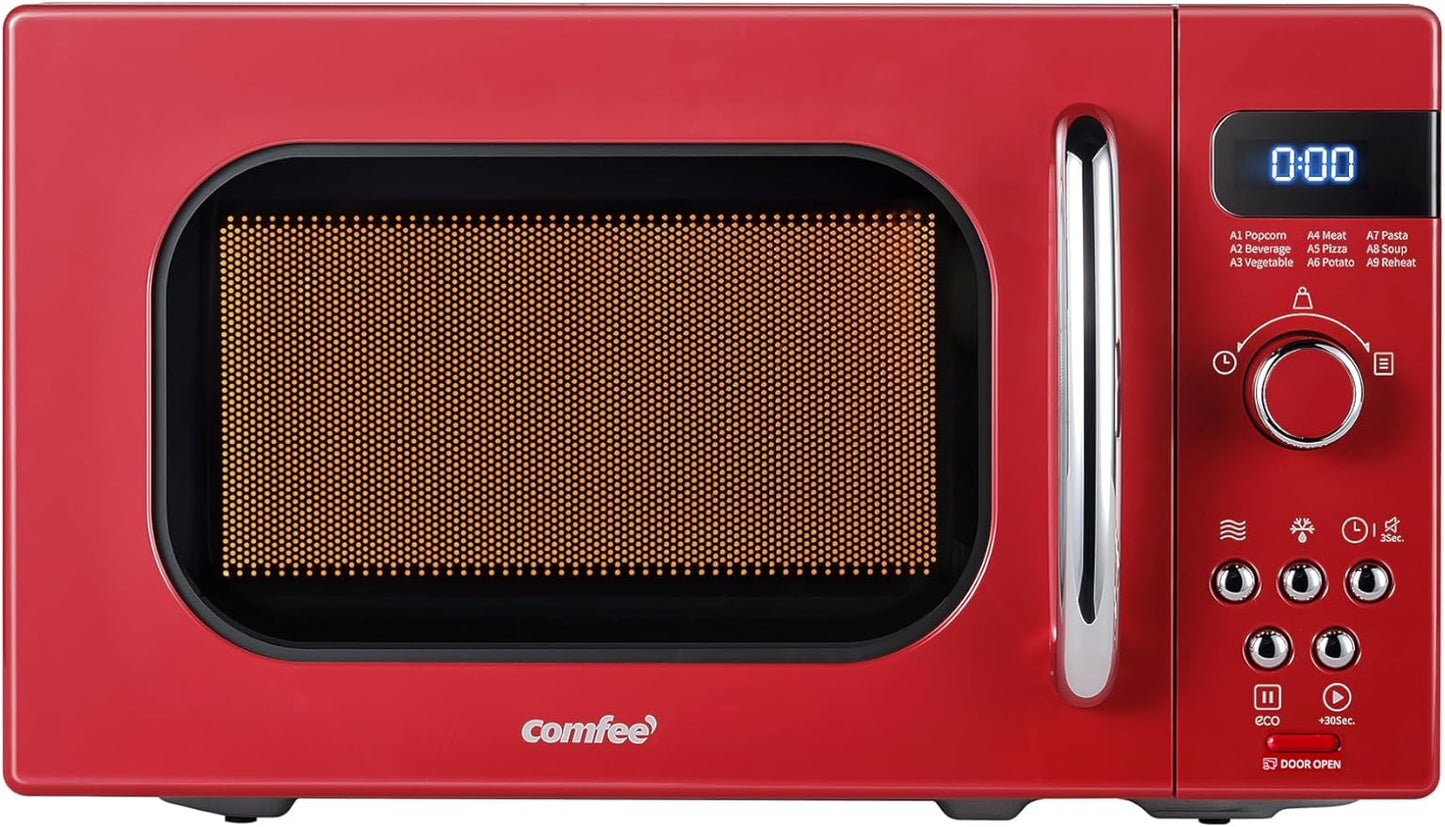 COMFEE' Retro Small Microwave Oven With Compact Size, 9 Preset Menus, Position-Memory Turntable, Mute Function, Countertop Microwave Perfect For Small Spaces, 0.7 Cu Ft/700W, Red, AM720C2RA-R