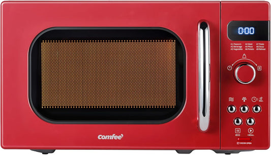 COMFEE' Retro Small Microwave Oven With Compact Size, 9 Preset Menus, Position-Memory Turntable, Mute Function, Countertop Microwave Perfect For Small Spaces, 0.7 Cu Ft/700W, Red, AM720C2RA-R