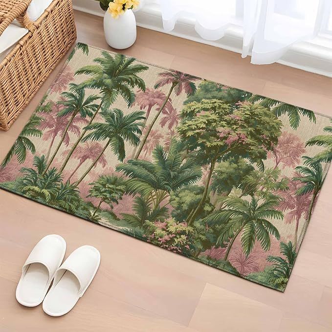 Area Rug 2x3ft, Exotic Forest Green Pink Palms Tree Washable Rugs for Living Room Bedroom, Vintage Botantical Soft Non-Slip Area Rugs Rectangle Floor Carpet for Dining Room