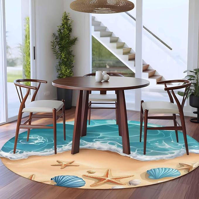 Washable Round Area Rug Summer Beach Shell Starfish Circle Rugs Floor Carpet for Living Room Bedroom, Marine Life Cartoon Style Soft Non Slip Round Rug 5ft