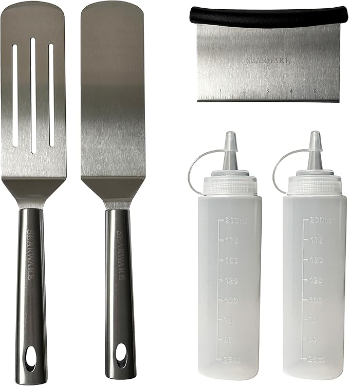 Griddle Accessories Set - Durable Stainless Steel Tools for Flat Tops - Includes Heat-Resistant Grill Glove & Cast Iron Grill Press
