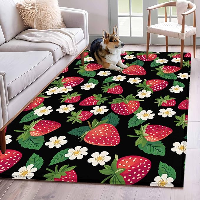 Area Rug 3x5ft, Red Strawberry Litter Flower Leaves on Black Washable Rugs for Living Room Bedroom, Summer Fruit Soft Non-Slip Area Rugs Rectangle Floor Carpet for Dining Room