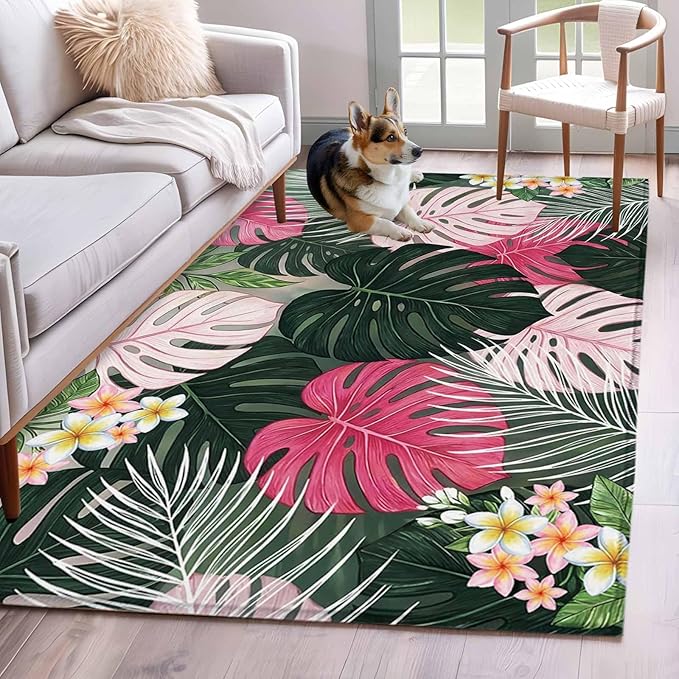 Area Rug 4x6ft, Summer Watercolor Pink Green Leaf Washable Rugs for Living Room Bedroom, Tropical Flower Leaves Plant Soft Non-Slip Area Rugs Rectangle Floor Carpet for Dining Room