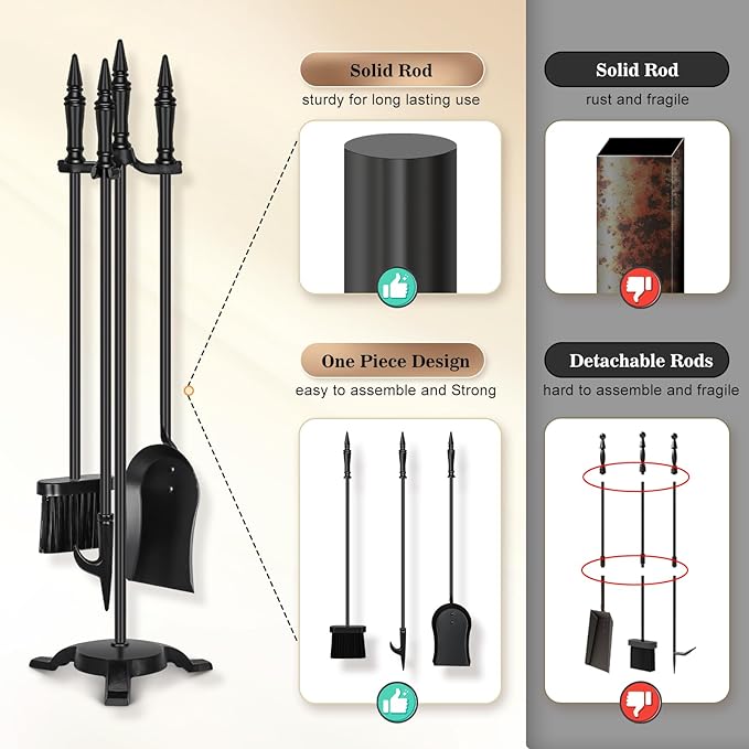 FEED GARDEN 4-Piece Fireplace Tool Set - 31” Wrought Iron Fire Tools with Poker, Shovel, Brush & Stand - Indoor/Outdoor