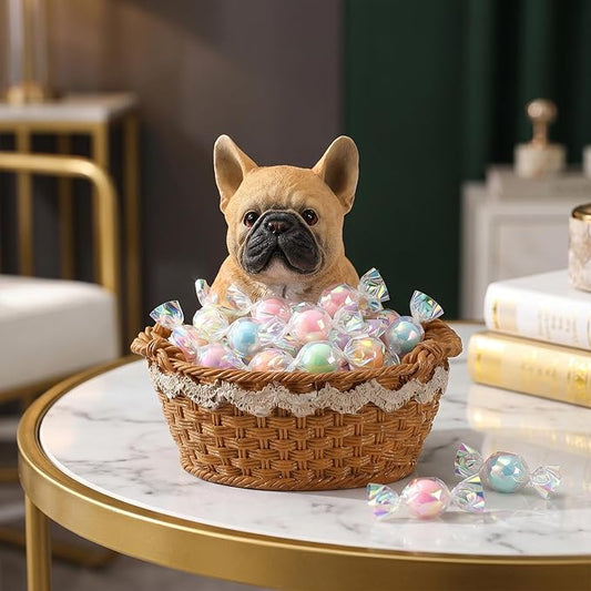 Cute French Bulldog Candy Bowl, Resin Dog Figurine Key Bowl for Entryway Table, Desktop Storage Basket Organizer for Desk, Unique Dog Lover Gift