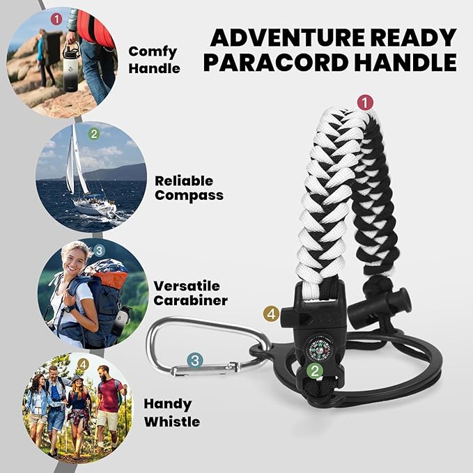 RAYMYLO Insulated Water Bottle 32 oz, Triple Wall Vacuum Stainless Steel (Cold for 24Hrs, Hot for 12Hrs), Leak Proof & Non-BPA, Modern Water Flask Jug with Paracord Handle & Straw Spout Lids