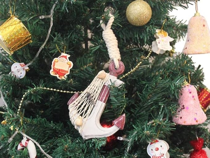 Hampton Nautical Anchor-302-XMASS Wooden Rustic Decorative Red & White Anchor Christmas Tree Ornament - Nautical Tree Decoration