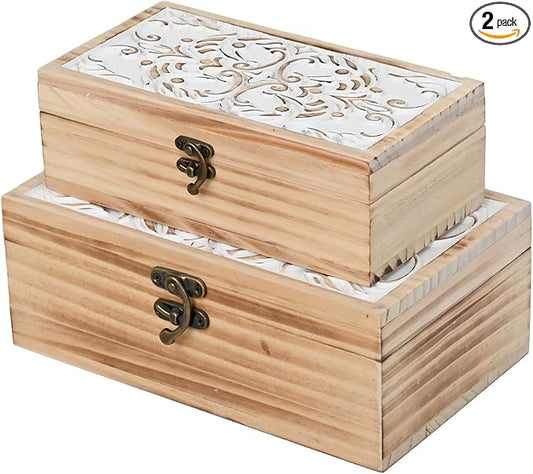 DECOR4SEASON Wooden Storage Box Set of 2 - Hand Carved Floral Decorative Boxes with Hinged Lids - Solid Pine Keepsake Organizer for Jewelry, Photos, and Rustic Farmhouse Home Décor