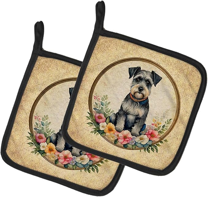 Caroline's Treasures Schnauzer and Flowers Pair of Pot Holders Kitchen Heat Resistant Pot Holders Sets Oven Hot Pads for Cooking Baking BBQ, 7 1/2 x 7 1/2